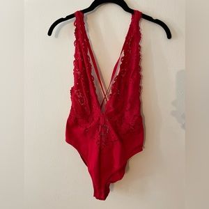 Lace plunge red bodysuit